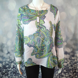 Liz Claiborne Petite Large Paisley Print Top with Roll Tab Sleeves